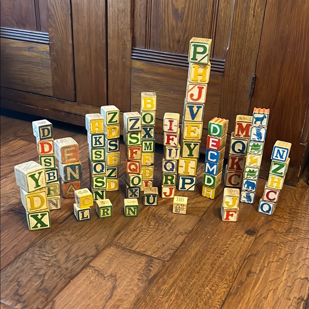 Vintage Wooden Alphabet Blocks Lot Antique Grooved